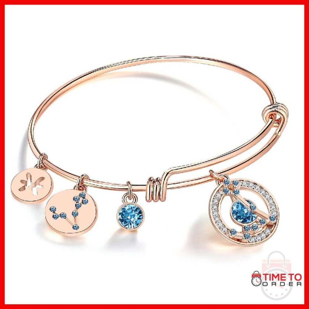 Rose Gold Plated Zodiac Crystal Charm Bracelet 7" Expandable Bangle